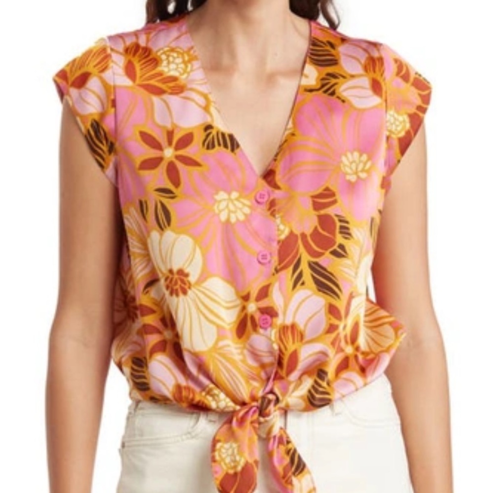 DR2 Satin Cap Sleeve Tie Blouse Large Floral Summer NWT